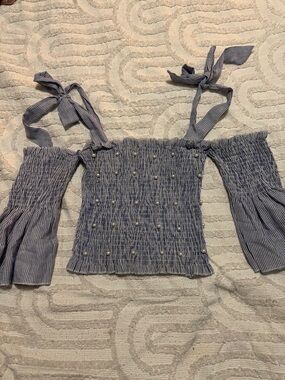 Striped Blue Off-Shoulder Tie-Strap Smocked Top